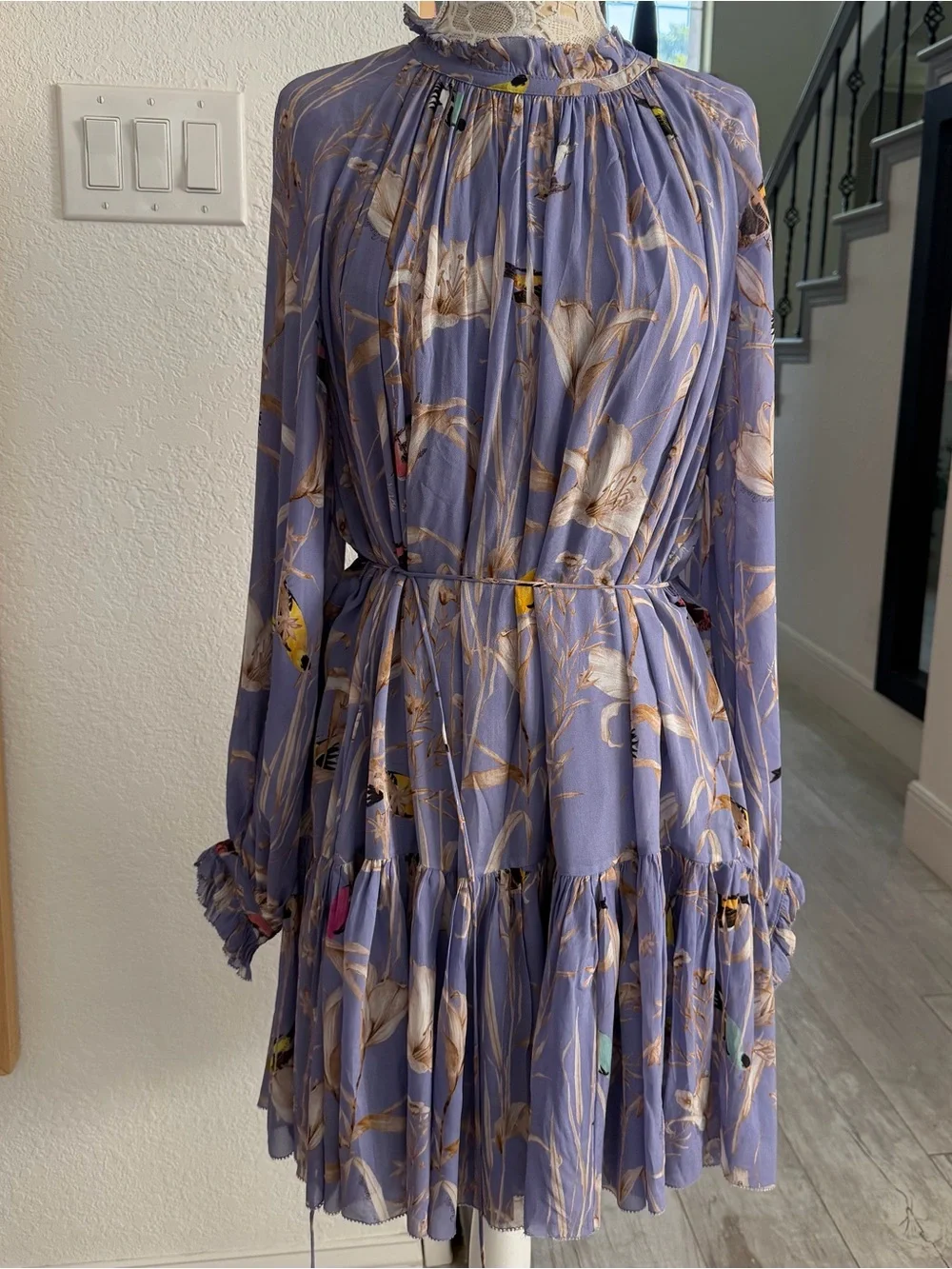 Banana Republic Floral Bird Print Ruffle Mini Dress Petite Large Purple EUC